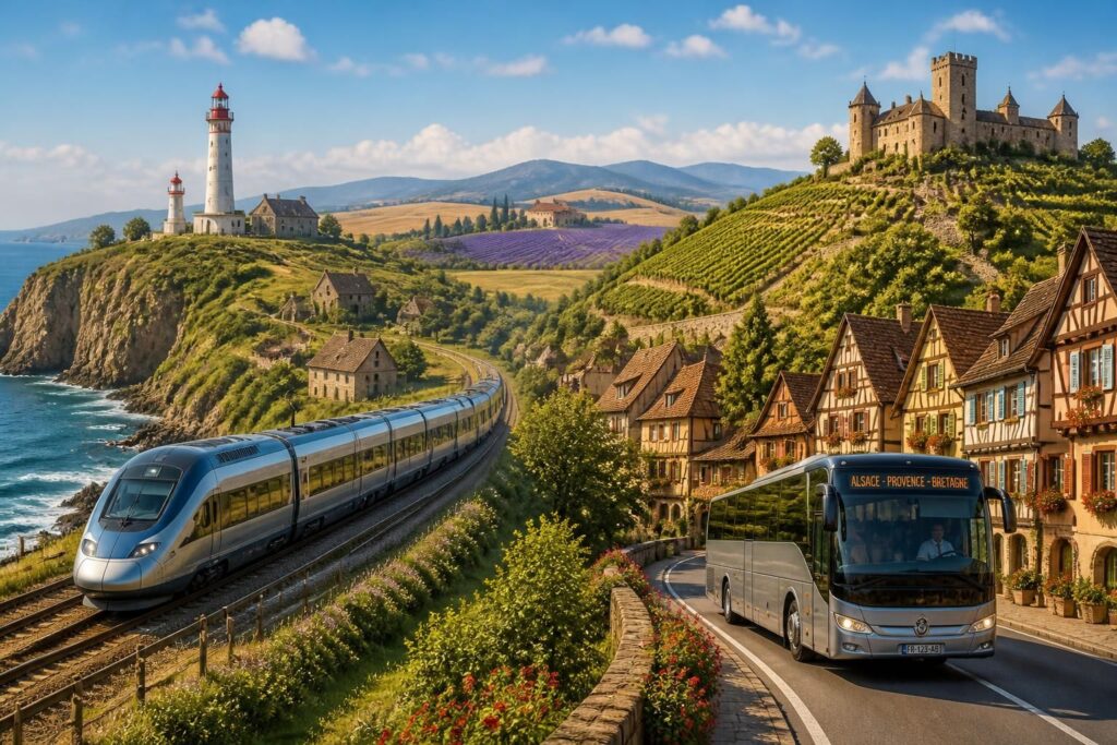 explorez la bretagne, l'alsace et la provence en voyageant confortablement en train et en car. découvrez des paysages magnifiques, des traditions uniques et des saveurs locales authentiques lors de votre aventure.